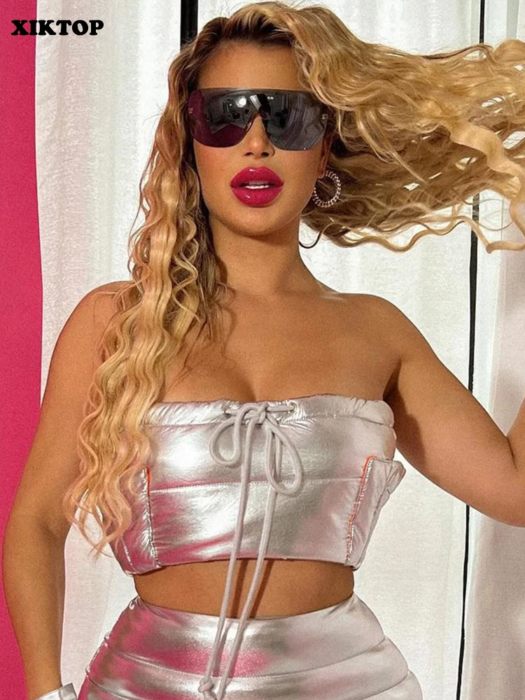 

Укороченный женский топ на шнуровке XIKTOP 2022 пикантный корсет с открытыми плечами модная одежда на молнии с карманами Y2K женские топы в стиле ...