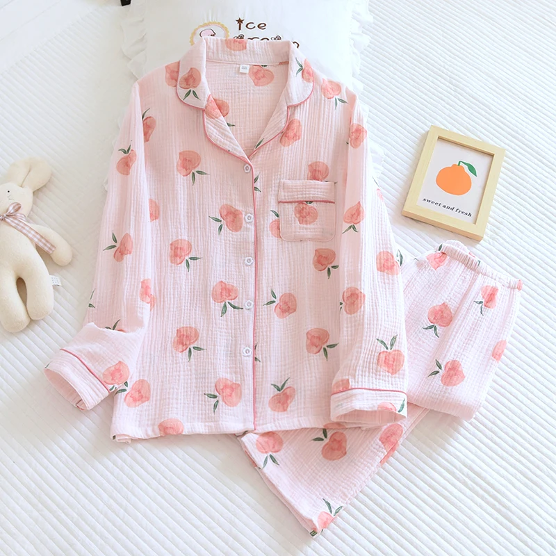 Spring New Ladies Pajamas Set Heart Printed Crepe Cotton Double-layer Gauze Turn-down Collar Long-sleeve Trousers Household Wear