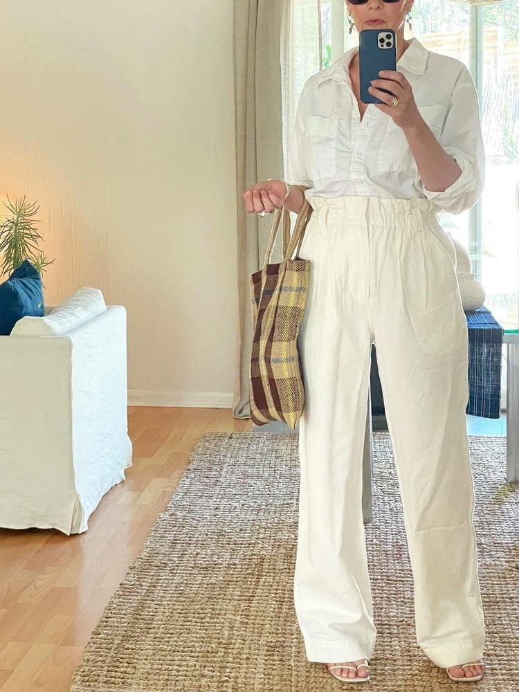 Casual Cotton Linen Natural Pleated Comfort Trousers High Quality Trousers High Quality Holiday Pants LOOSE Wide Leg