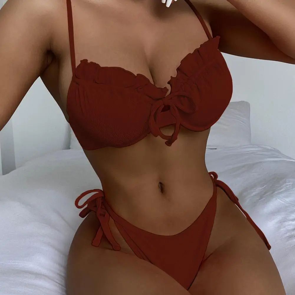 

2 Pcs/Set Great Bathing Suit Thong Spaghetti Strap Bikini Set Lightweight Bathing Suit