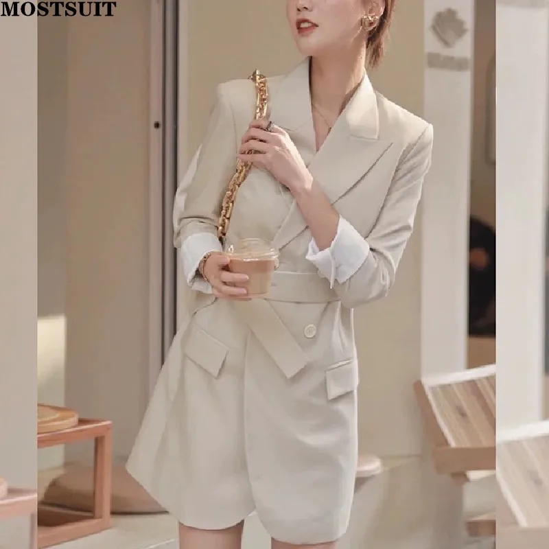 

Spring Stylish Workwear Suit Dress Women Full Sleeve Double Breasted Belted Blazer Dresses Elegant Fashion Office Ladies Vestido