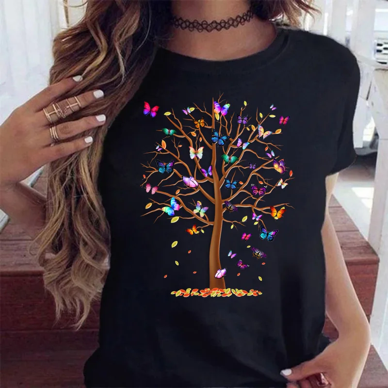 

Maycaur Fashion Butterfly Tree Print Women T Shirt Casual Funny Short Sleeves T-Shirt Gift 90s Lady Yong Girl Ladies Clothes