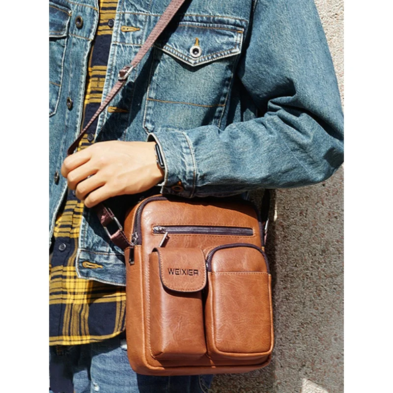 Casual Men Leather Shoulder Bag Vintage Crossbody Bags Vertical Tote Bag Man Handbag High Capacity Male Messenger Bags