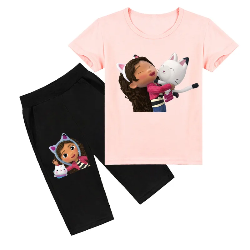 

Cartoon Gabbys Dollhouse T Shirt Kids Summer Casual Clothes Girls Short Sleeve T-shirt+shorts 2pcs Sets Boys Gabby Cats Clothing