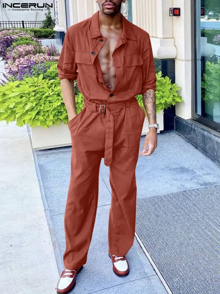 

Men Jumpsuits Solid Lapel Streetwear Long Sleeve Button Cargo Overalls Pockets 2022 Leisure Men Rompers With Belt S-5XL INCERUN