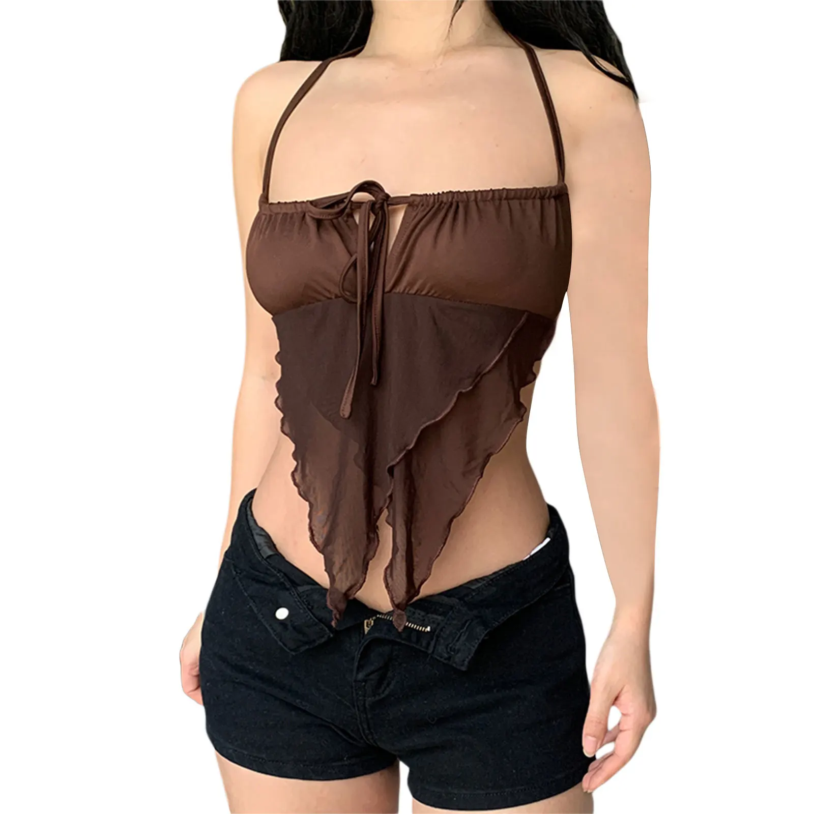 

Women's Halter Crop Cami Tops Sleeveless Backless Tie-up Front Hanky Hem Solid Color Camisole