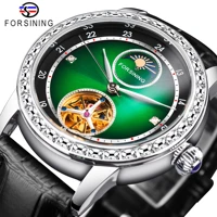 forsining fashion man luxury jade green design waterproof elegant automatic mechanical skeleton watches genuine leather