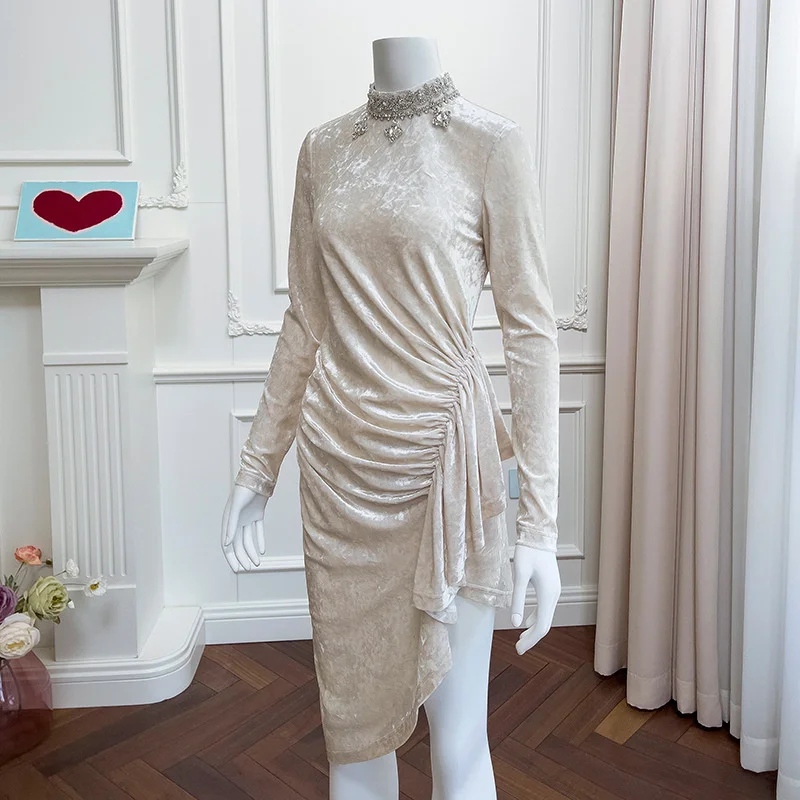 2023 Elegant Fashion Spring Women Dress Beige White Velvet Long Sleeve Temperament Slim Dresses Shiny Diamonds Stage Costume
