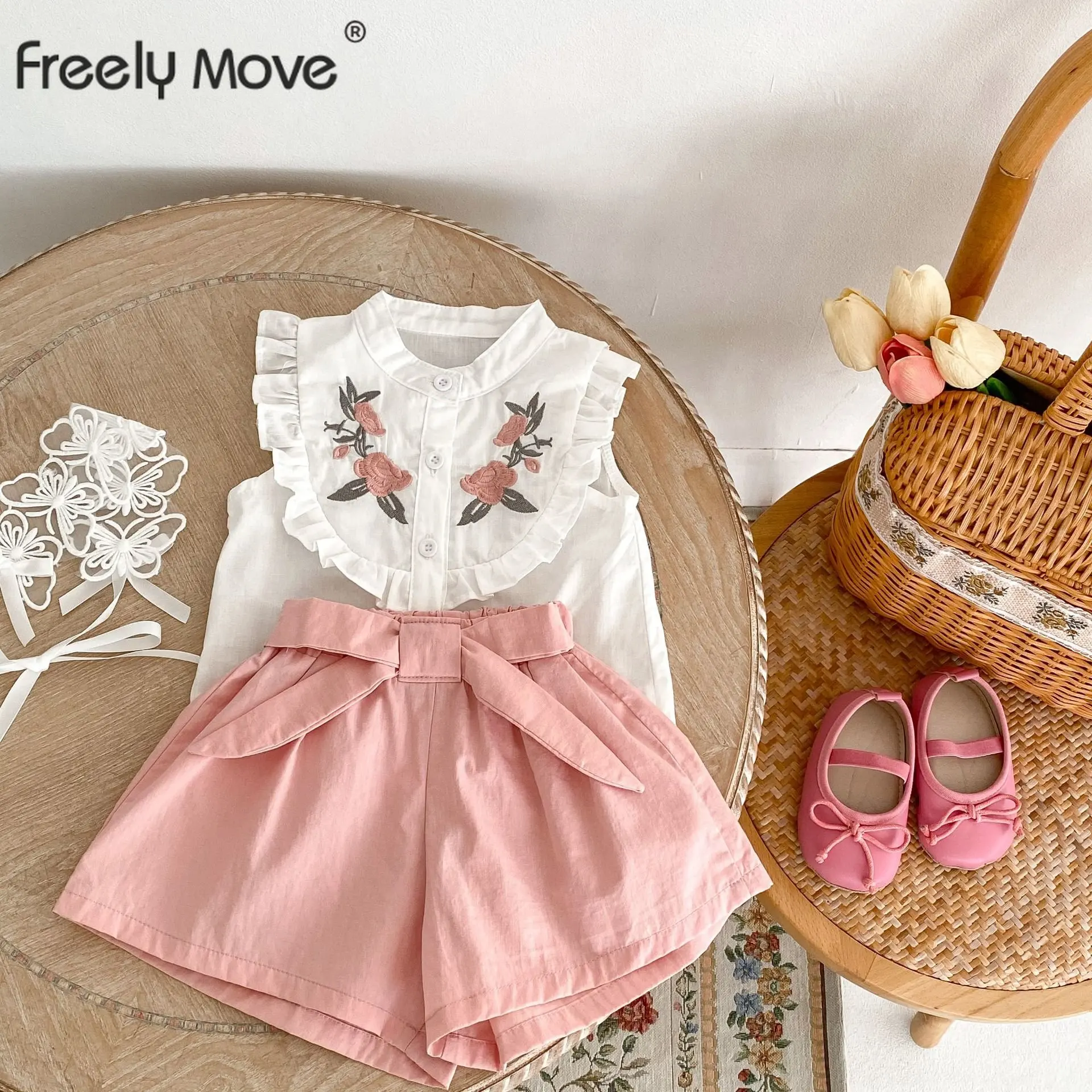 

Two Pieces Girls Clothing Sets Summer Sleeveless Floral Embroidery Top Short Children Sets Girls Clothes Suit Outfits
