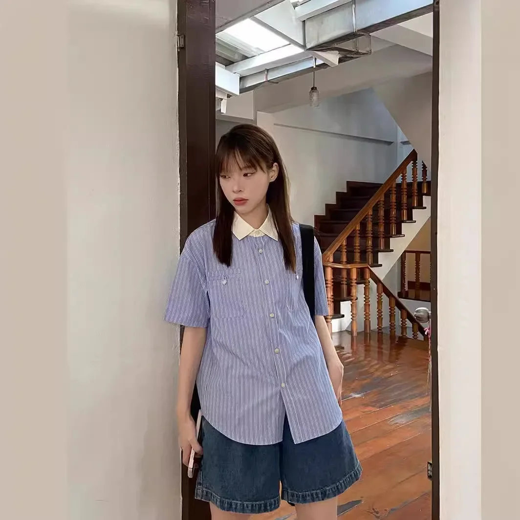 Самодельные рубашки в вертикальную полоску женская японская молодежная рубашка