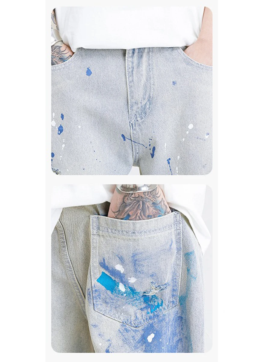 Four Seasons Men Jeans American Hip Hop Ripped Pants Europe and America Hiphop Contrast Color Straight Y2k Men Jeans Streetwear