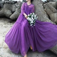 spring summer 2022 casual lace up lantern sleeve purple long fairy dresses for women oversized holiday loose maxi dress vestidos