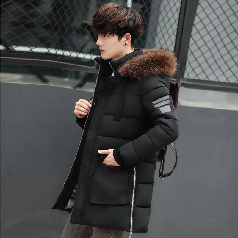 Winter Men's Cotton Coat Mid-Length Hooded Fur Collar Thickened Casual Youth Jacket Men's