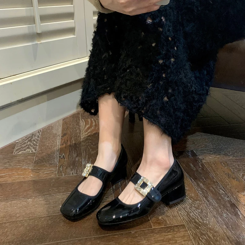 Square Toe High Heels Women's 2022 New Winter Black French Style Fleece-Lined Leather Rhinestone Chunky Heel Mary Jane Shoes