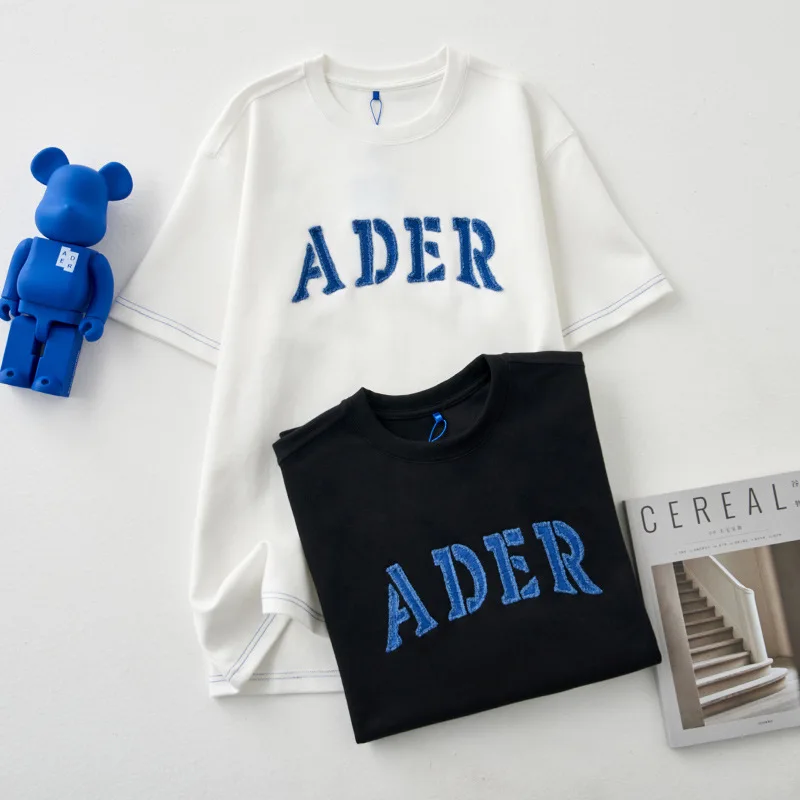 

Ader New Couple Models Patch Wash Raw Edge Embroidered Letters Short-sleeved Round Neck Loose T-shirt Shirts for Women