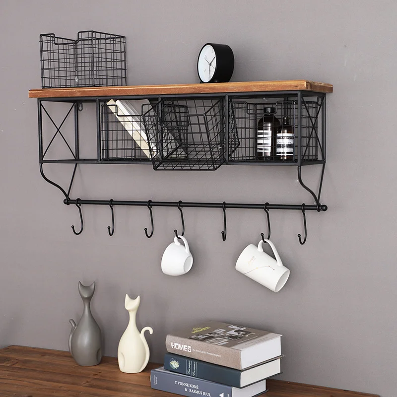 

Retro Industrial Wind Iron Art Wall Hanging Frame Living Room Wall Display Rack Dining Room Drawer Shelf Solid Wood Storage Rack