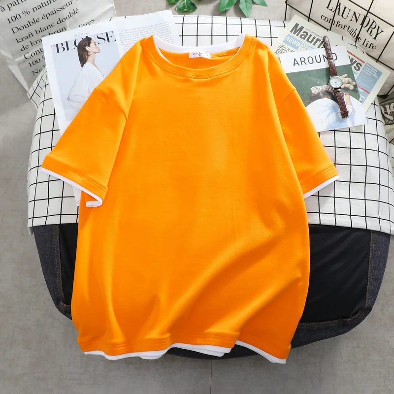 

DAYIFUN Plus Size T Shirt Cotton Short Sleeve Fake Two-piece Tshirt Women Summer Hip Hop Solid O Neck Oversized T Shirts L-4XL