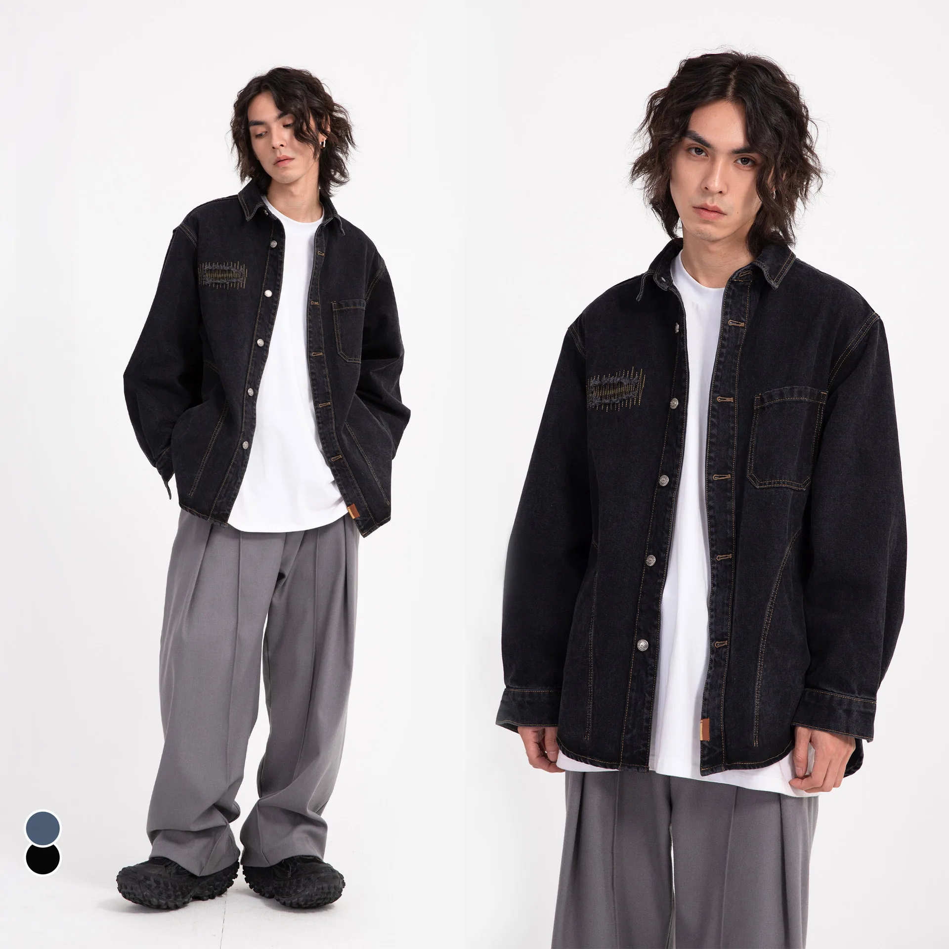 

Spring new retro streets jean jacket with the kind of embroidery do old men and women long sleeve jean jacket