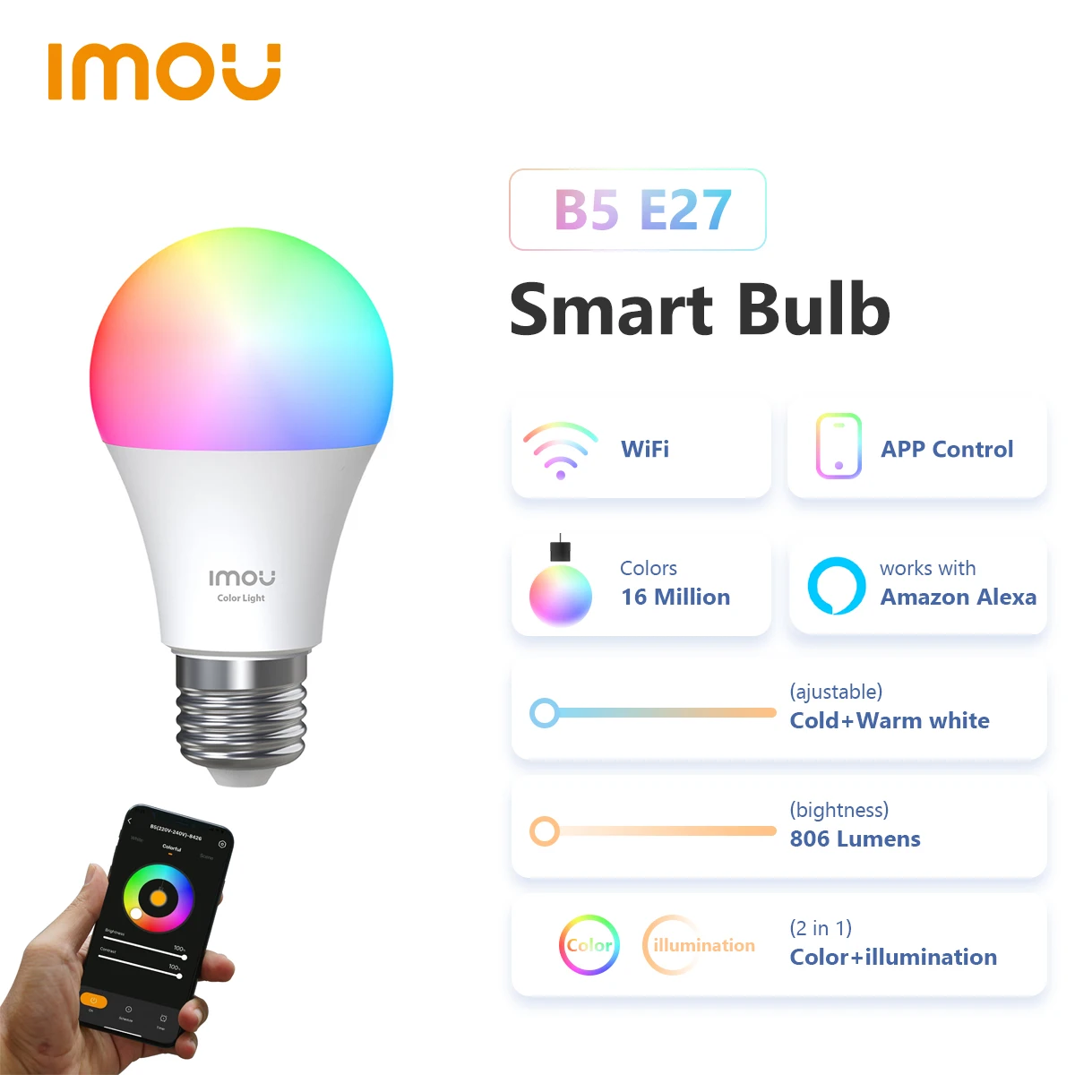 Умная Светодиодная лампа IMOU B5 E27, 220 В, RGB, с функцией теплого/холодного белого света