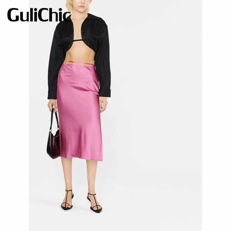 

10.4 GuliChic Women Temperament Solid Color Lace-Up High Waist Package Hip Side Split Skirt