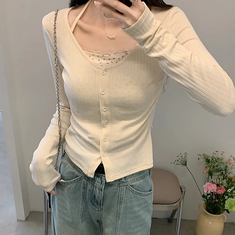 Новые корейские шикарные кружевные футболки из двух частей с цветочным принтом