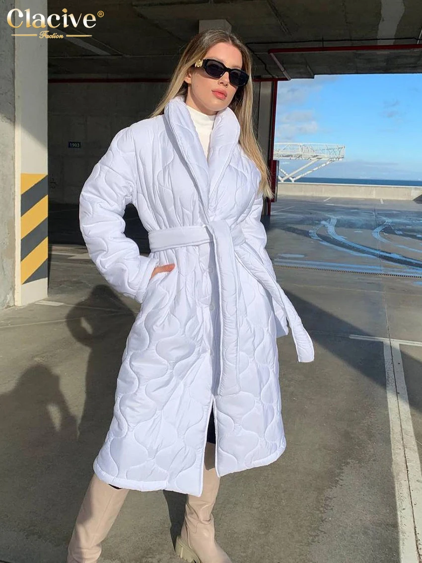 Clacive Fashion Loose Warm Coats Woman Winter 2022 Casual Long Sleeve White Coat Female Elegant Single Breasting Lace-Up Jackets