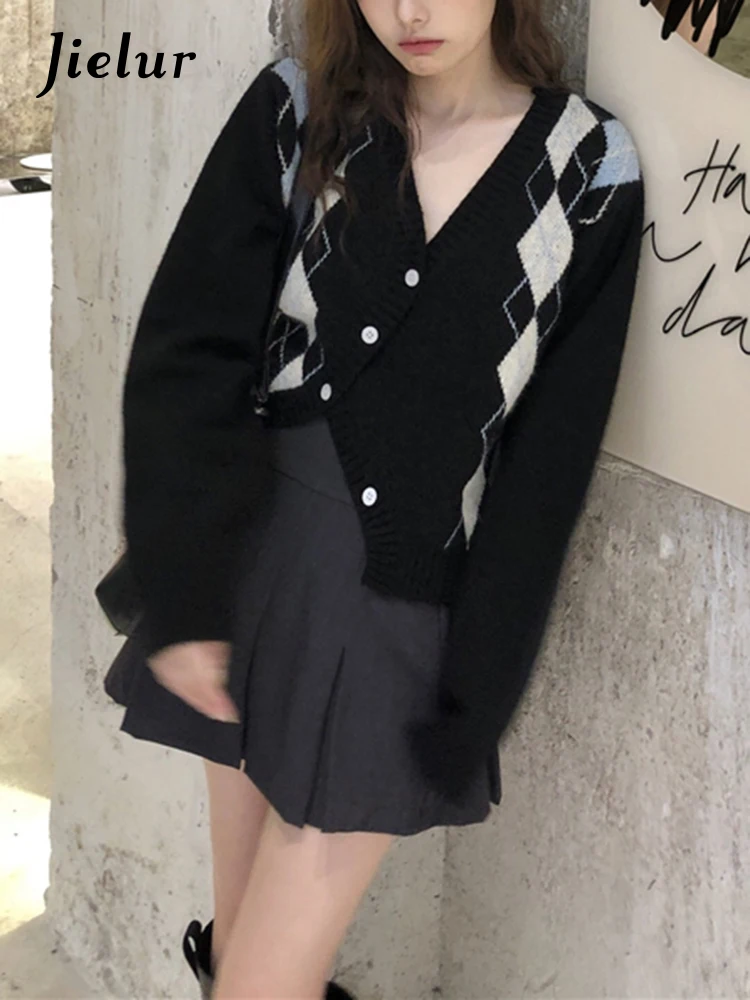 Jielur Вязаный свитер в ромбическую клетку новый корейский модный осенний