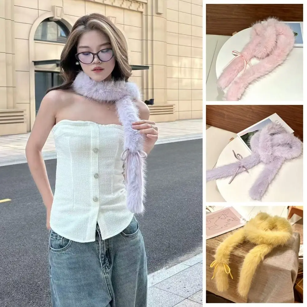 Элегантный однотонный шарф с бантом Y2k Harajuku пушистый меховой роскошный милый