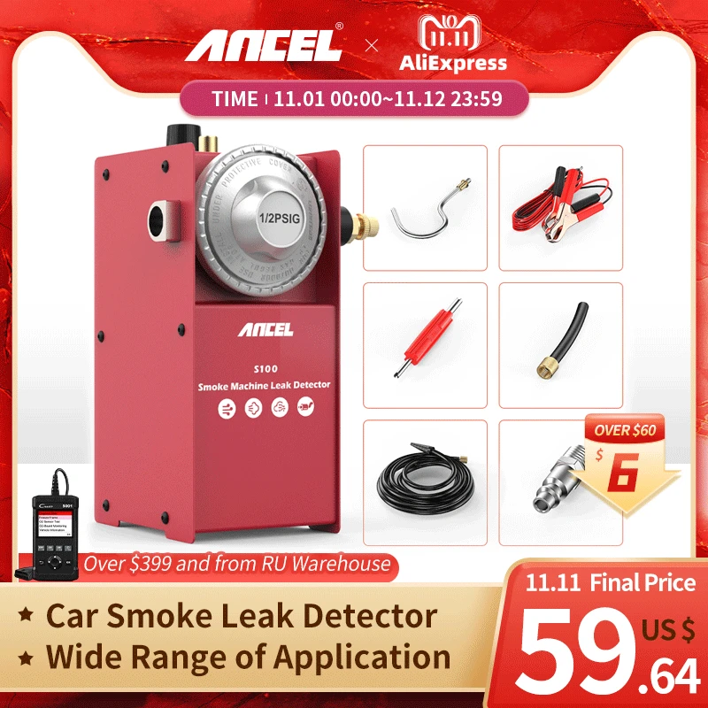 Цена Автомобильный детектор утечки дыма ANCEL S100, тестер для масляных труб, 12 В дымогенератор для авто дымогенератор копчения генератор дыма для ав...