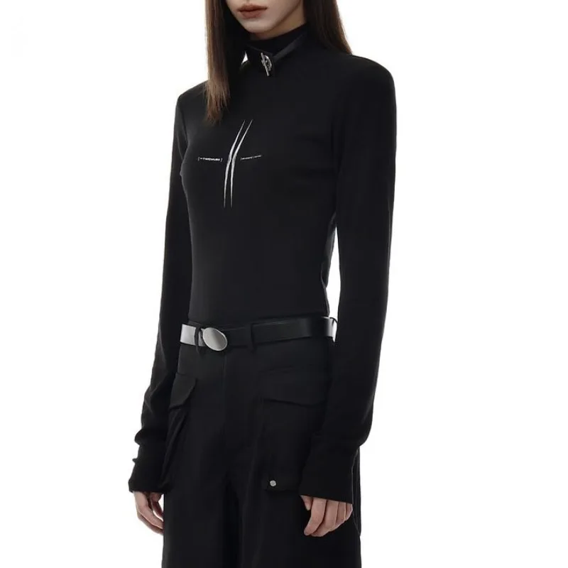 

Women's Spring Autumn New Fashion Half High Neck Pullover Printed Elastic Casual Versatile Long Sleeve Slim Fit T-shirt Tops