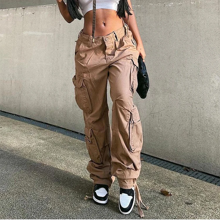 

Vintage Cargo Pants Loose Jeans Women's Fashion 90s Pocket Wide Leg High Waist Straight Y2k Denim Trousers Overalls