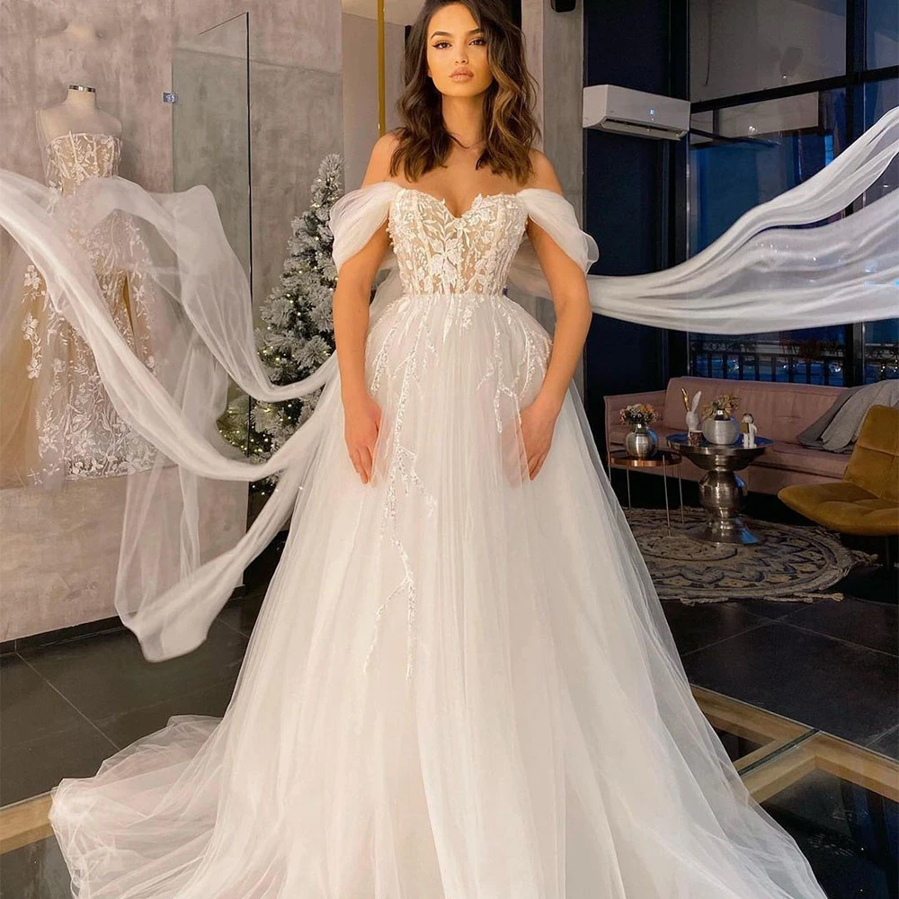 

Off the Shoulder Boho Wedding Dresses Appliques Lace A-Line Tulle Bridal Gowns For Women Custom Made To Measures Floor Length