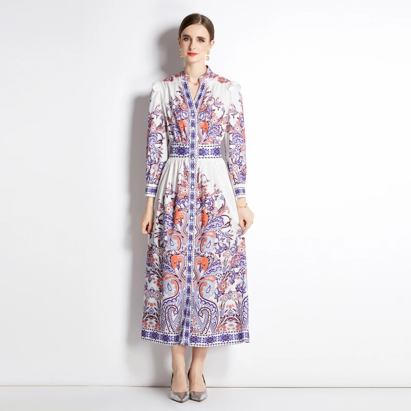 

New retro temperament long sleeve standing collar positioning print waist show thin dress QP6519075