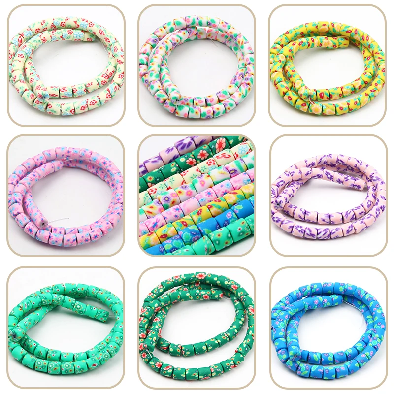 

Long Cylinder Clay Beads With Flower 6mm About 64pcs Colored Loose Spacer Polymer Beads For Jewelry Making DIY Keychain Supplies