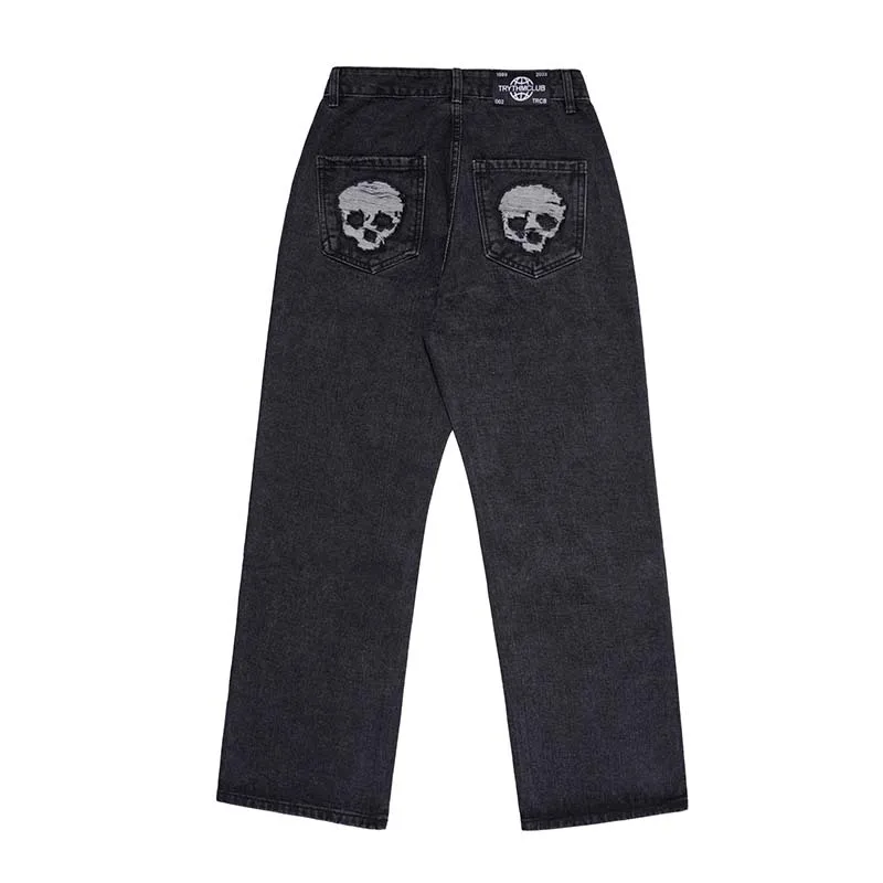 INS American High Street Washed And Worn Cross Skull Straight Jeans Men's Tide Brand Hip-Hop Punk Casual Trousers