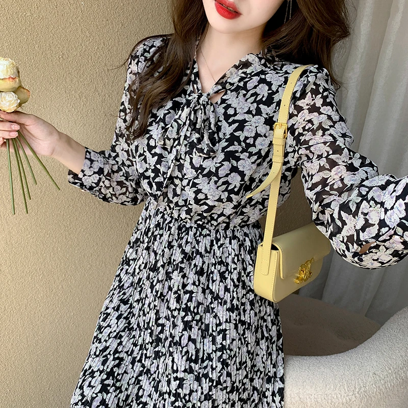 

Женское шифоновое платье с длинным рукавом, V-образным вырезом и бантом