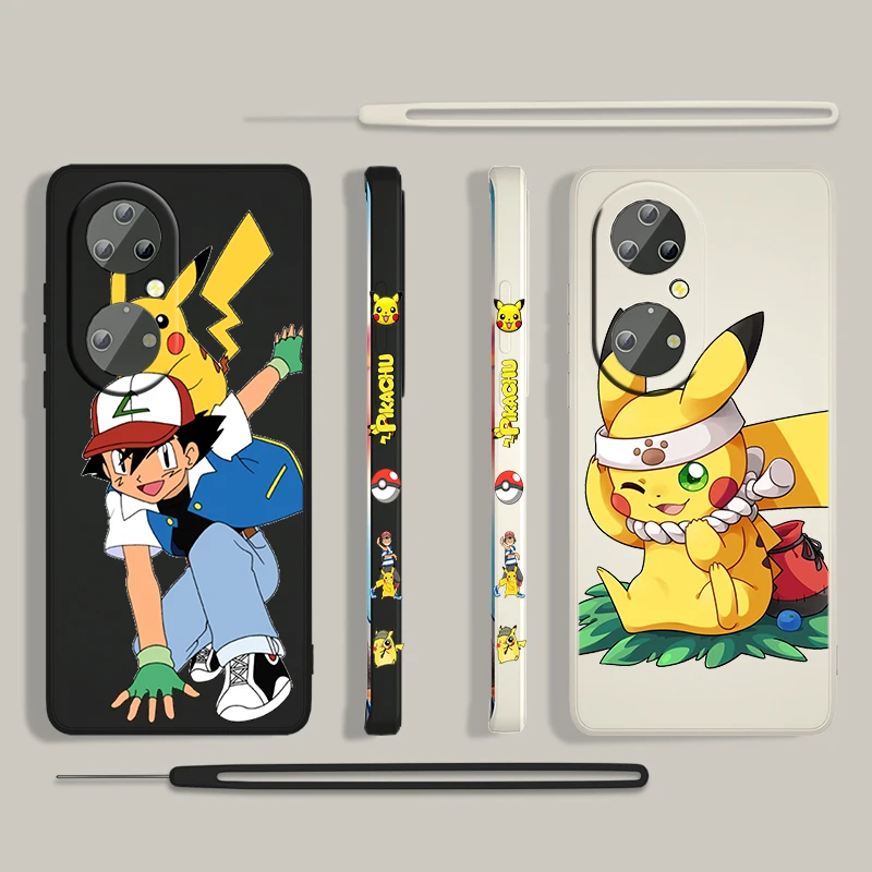 

Cartoon Pikachu Anime Cute For Huawei P50 P40 P30 P20 5G P Smart Z Pro Plus 2019 2021 Liquid Left Rope Silicone Phone Case Capa