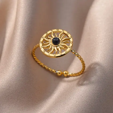 Кольцо из нержавеющей стали с покрытием из PVD, винтажные квадратные овальные кольца из натурального камня для женщин, открытые ювелирные изделия золотого цвета 18 карат, Подарок на годовщину