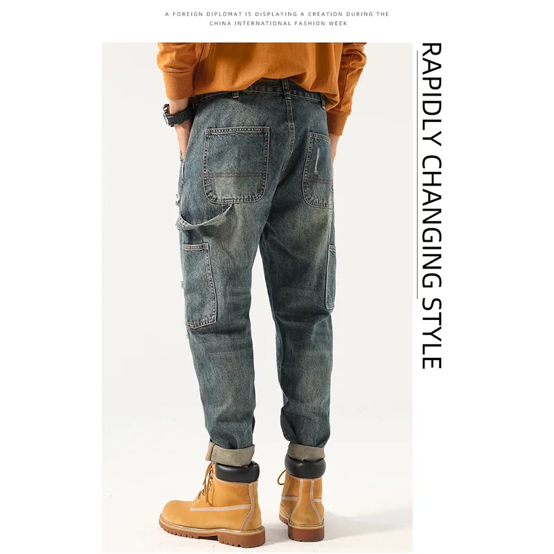 Streetwear Men 2022 New Pattern American Hole Blue Jeans Vintage Loose Recreational Straight Cylinder Trousers Autumn Female