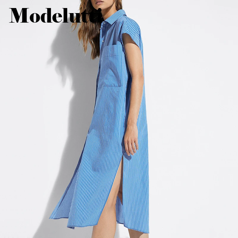 

Modelutti 2022 New Spring Summer Fashion Short Sleeve Slit Striped Shirt Dress Pocket Simple Smock Casual Midi Dress Women