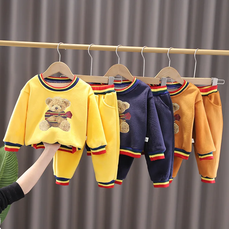 

Осенне-зимние комплекты одежды для маленьких мальчиков, плотный флисовый топ с мультяшным рисунком и штаны, 2 шт., хлопковый спортивный кост...