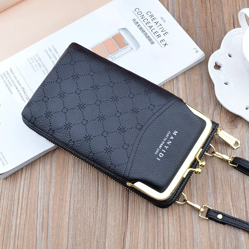 Women Flower Print Leather Straps Shoulder Mobile Phone Big Card Holders Wallet Handbag Pockets Girls Cellphone Bag