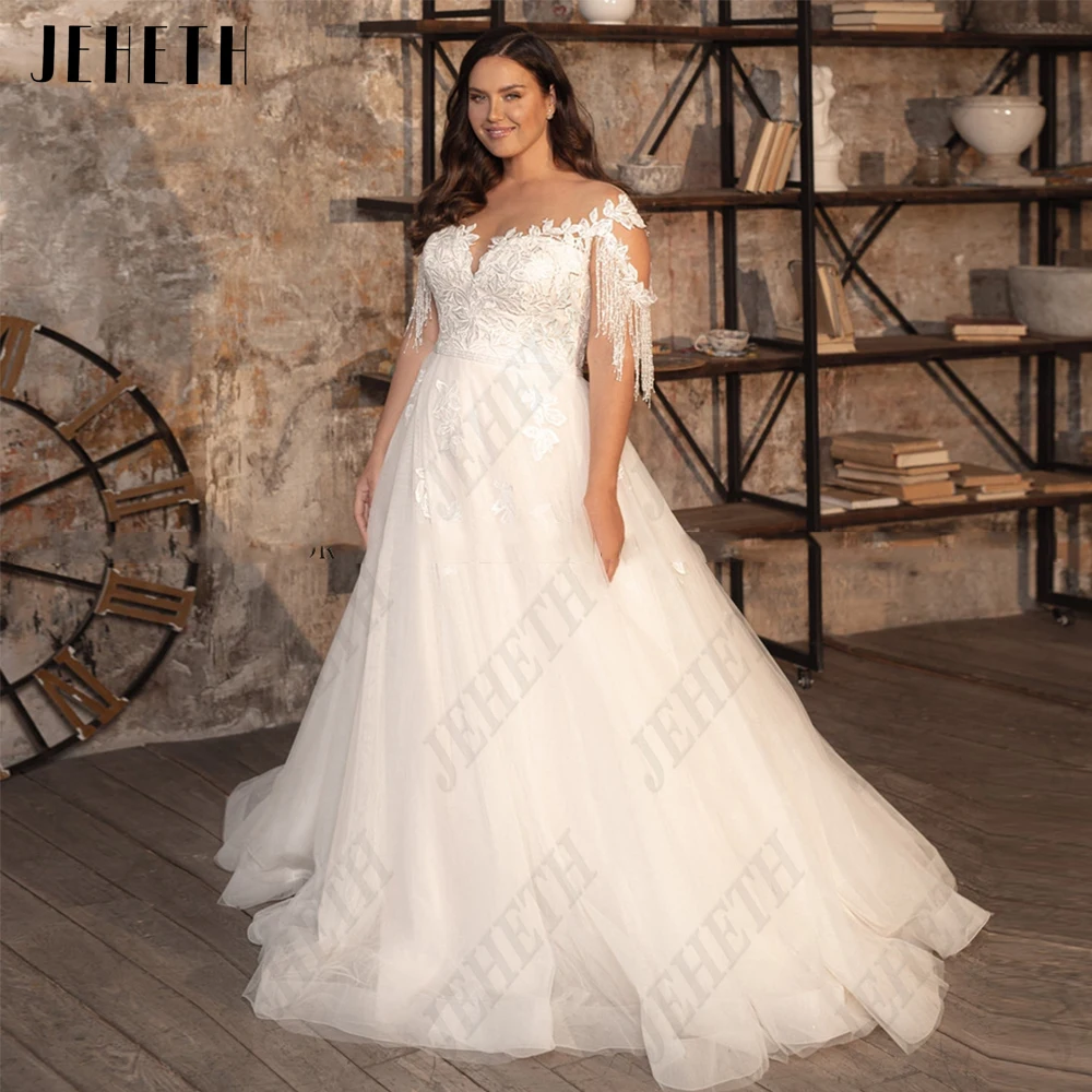 

JEHETH Exquisite Wedding Dresses Plus Size 2023 Short Sleeves O-Neck Lace Applique Bride Gowns A-Line Tulle vestidos de novia