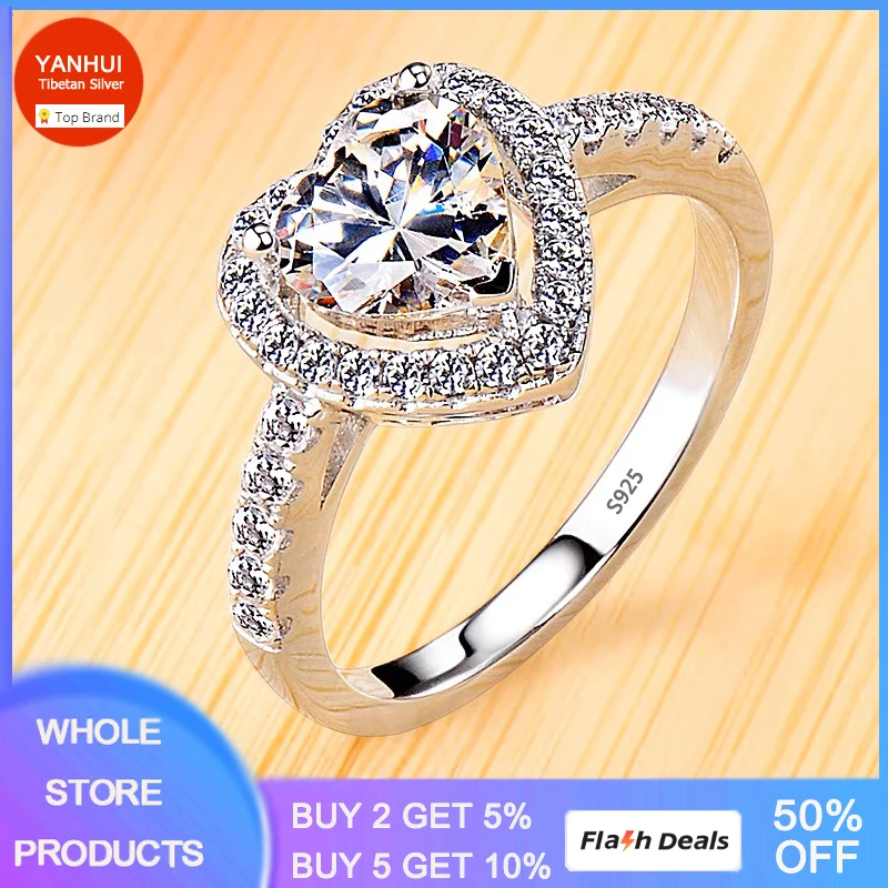 

100% Certified White Tibetan Silver Rings High Quality Natural Heart Cubic Zirconia Rings Engagement Wedding Bands for Women
