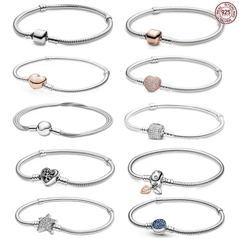 

925 Sterling Silver Simple Heart-shaped Snake Bone Bracelet fit Fashion Channeling Pearl Ladies DIY Boutique Making Jewelry