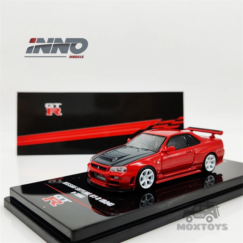 

INNO 1:64 NISSAN SKYLINE GT-R R34 R-TUNE Red w/Carbon Bonnet Diecast Model Car