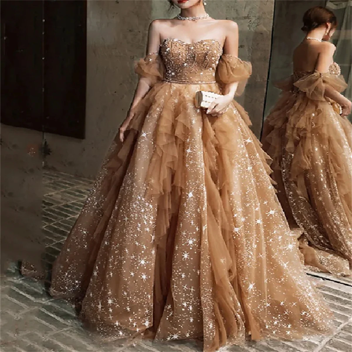 

A-Line Gorgeous Prom Formal Evening Dress Sparkle & Shine Off Shoulder Short Sleeve Tulle With Beading Sequin Solid Color 2023