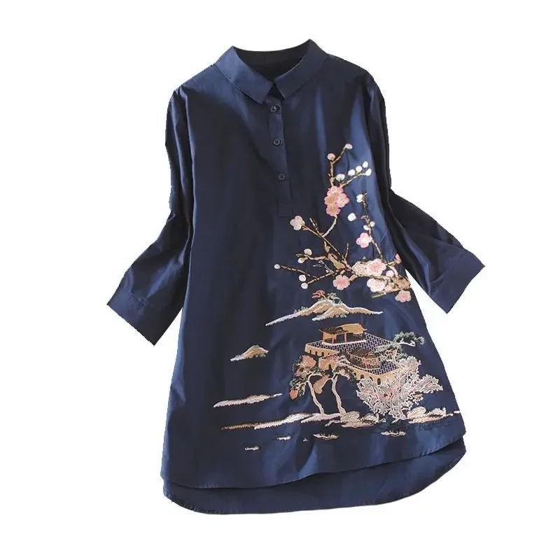 Пуловер средней длины с цветочной вышивкой в этническом стиле рубашка-поло