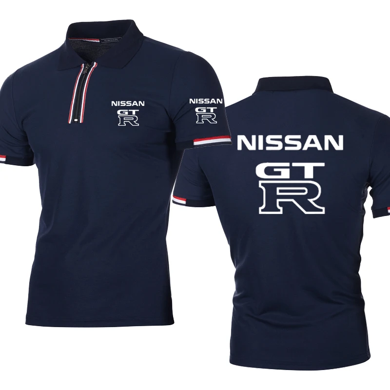 

2022NEW Summer Men's tops GTR Car Logo Printed short sleeve high quality cotton Solid color Striped zipper Men's polo shirt