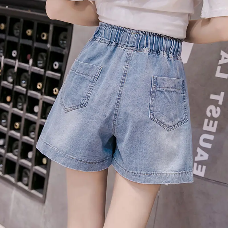 2021 Summer Elastic-waist Waistband A-line Wide-leg Shorts Women Denim Washed Oversized Loose Korean Students Short Jeans Chic